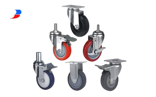 So sánh trực quan bánh xe bọc nhựa PU cam và bánh xe cao su đặc màu đen chịu ma sát.