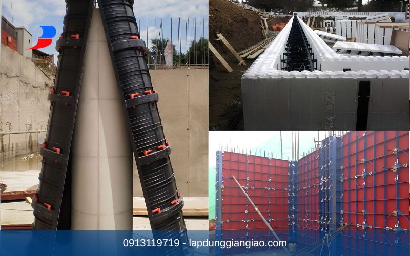 Bốn mẫu vật liệu cốp pha nhôm, thép, gỗ phủ phim và nhựa được trưng bày tại tổng xưởng Thiên Phú.